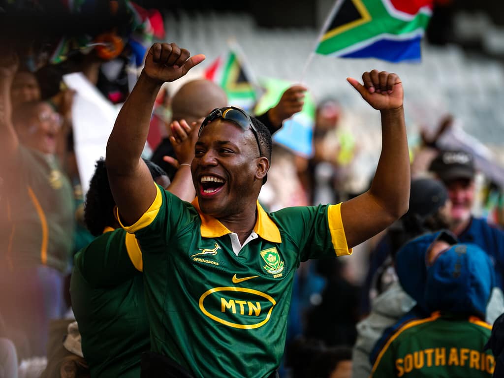 South African celebrating during a rugby game at DHL Stadium