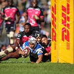 DHL WP's Imad Khan scores during a match with Airlink Pumas in 2024