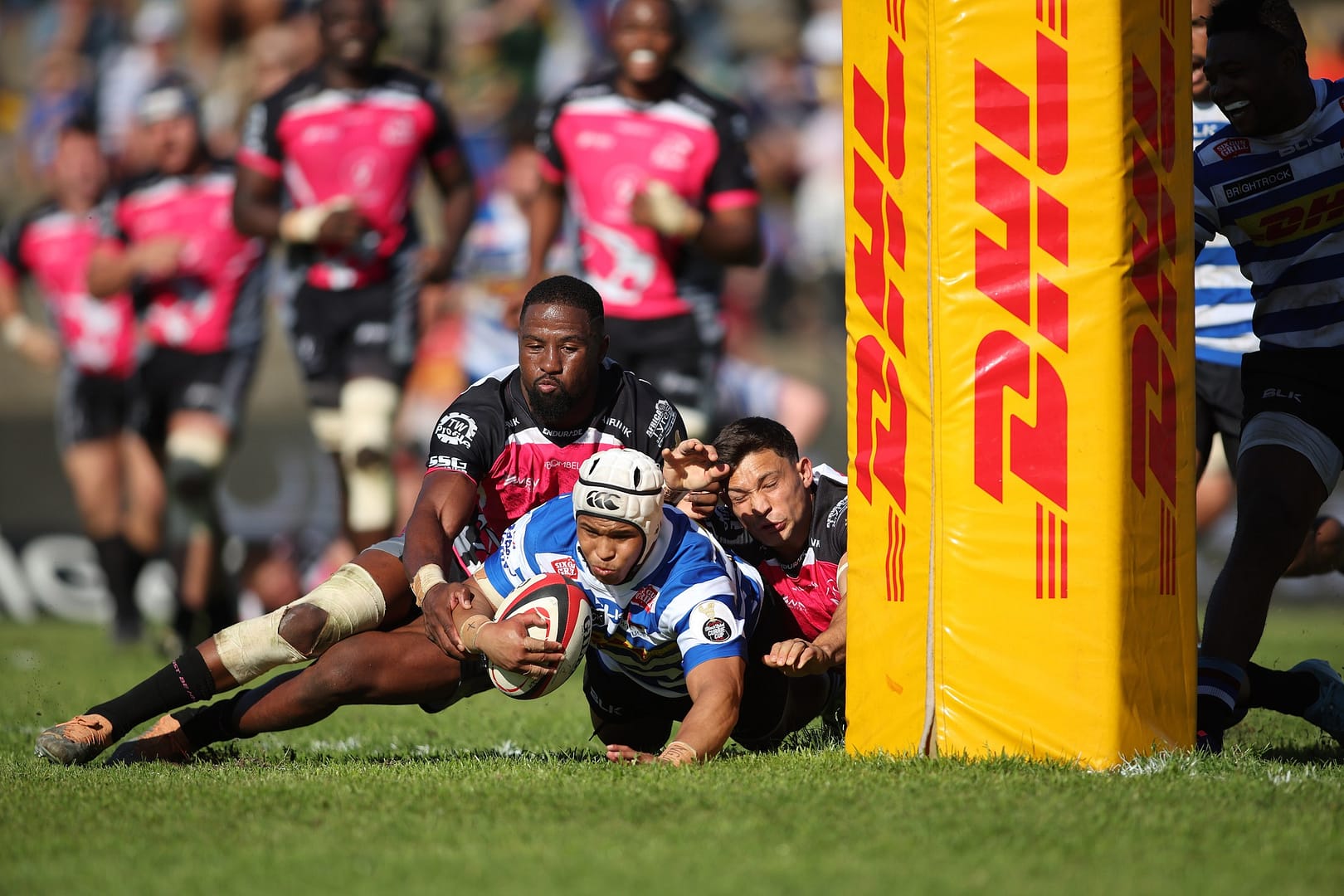 DHL WP's Imad Khan scores during a match with Airlink Pumas in 2024