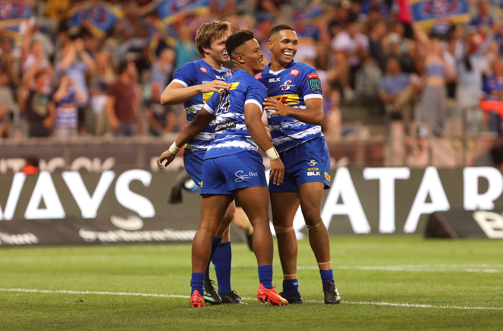 DHL Stormers players celebrate a try in the URC game